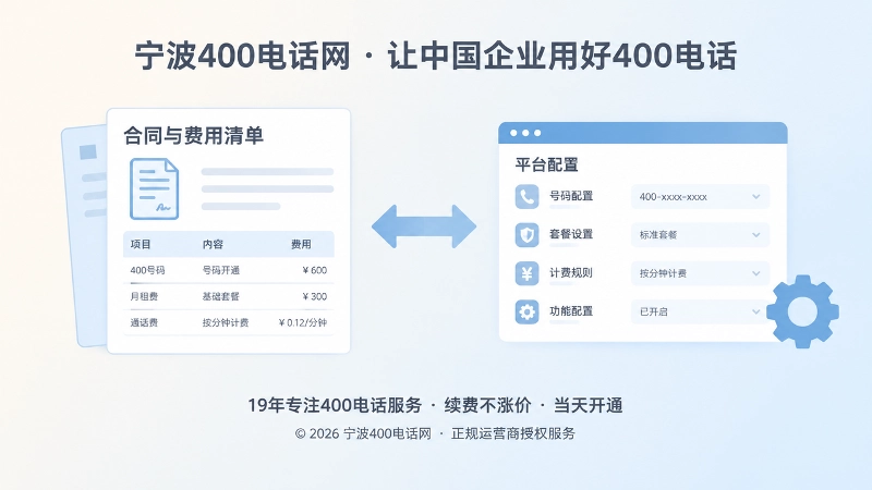 扁平化插画：左侧合同与费用清单卡片通过箭头连接右侧后台配置面板，代表合同约定与平台配置一致。