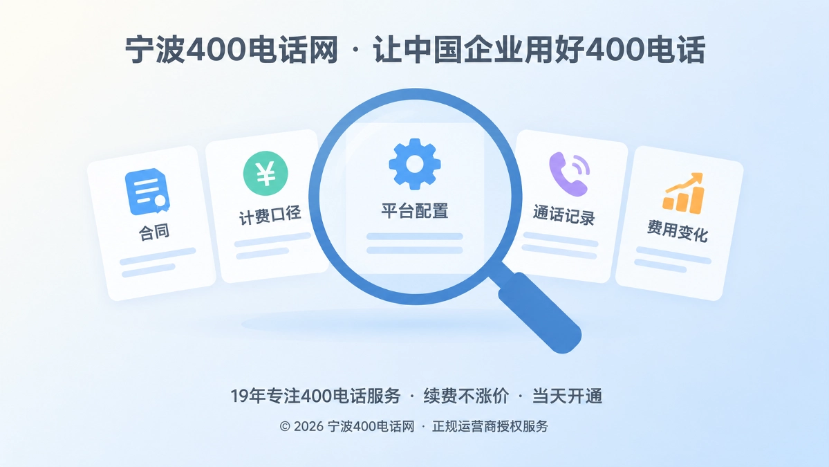 扁平化插画：放大镜聚焦在合同、计费口径、平台配置、通话记录和费用变化五张卡片上，代表可复核的费用事实链。
